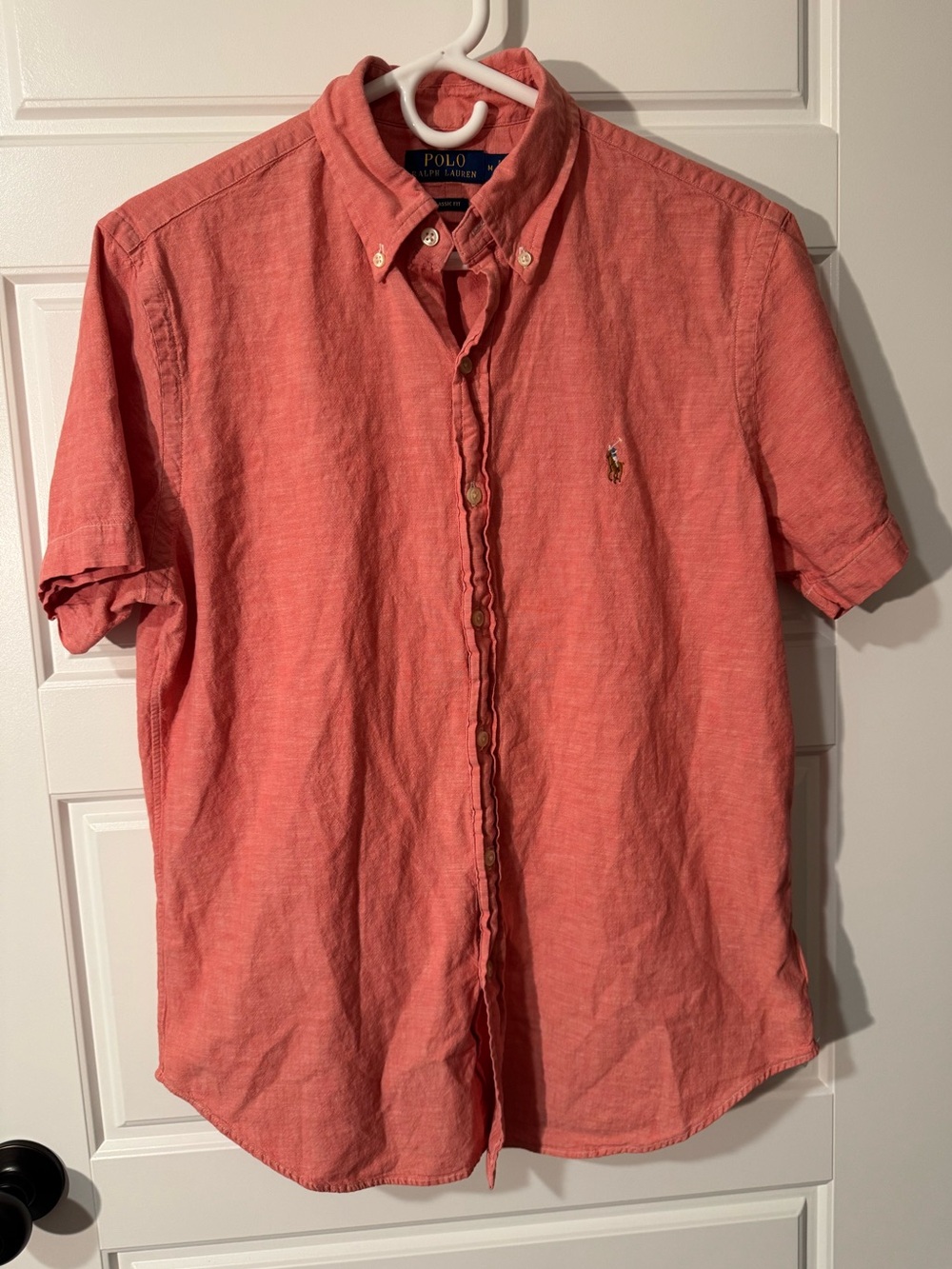 Polo Ralph Lauren 100% Cotton Short Sleeve Button Down Shirt, Salmon, Size M